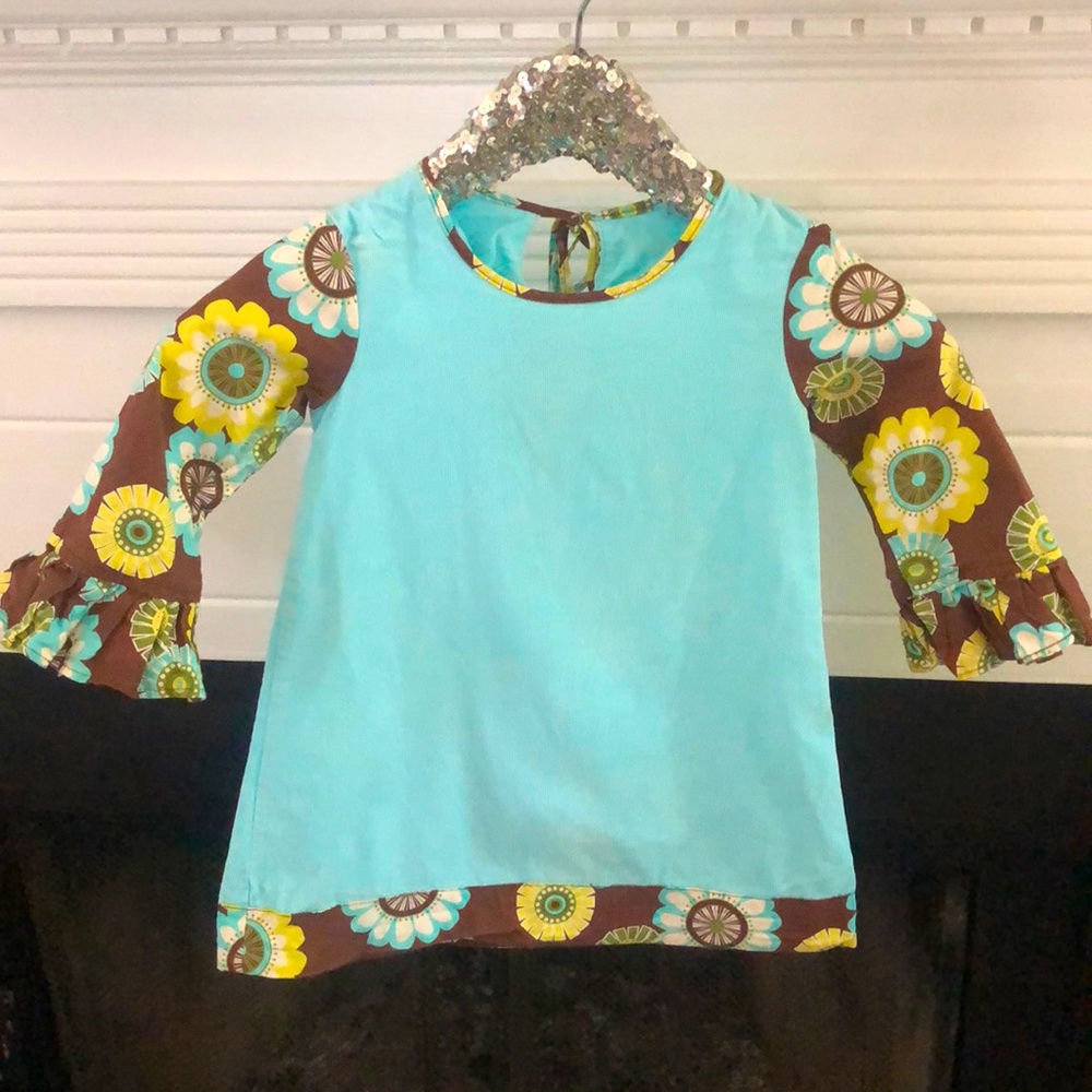 Teal Corduroy Dress with floral Sleeves 3t